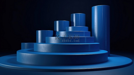 小清新平铺水彩背景图片_舞台设置为深蓝色 3D 渲染，由三个讲台基座和楼梯装饰组成