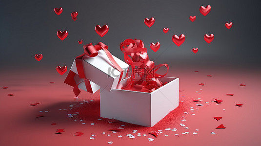 3D 渲染礼品盒中充满爱的情人节庆祝活动