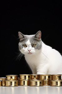 一只毛茸茸的猫在吃一堆罐头