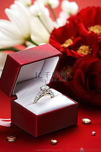 带红色礼品盒的钻石首饰戒指