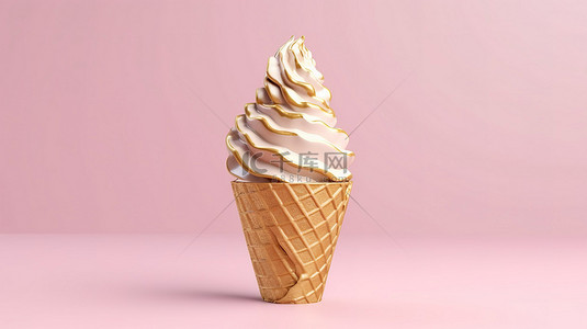 金色华夫饼锥体与奶油软冰淇淋在粉红色背景 3D 渲染