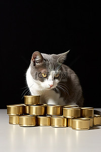 一只猫从罐头食品中吃食物