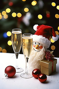 圣诞树图片背景图片_两个人拿着雪人圣诞树喝香槟的图片