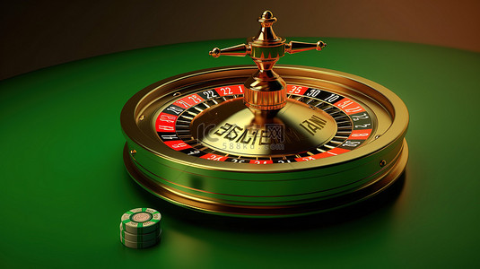在线赌场设置中呈现绿色背景的逼真 3D 轮盘赌轮和老虎机