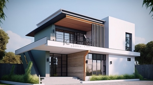 热带现代住宅正面外部的 3D 插图，带有围墙