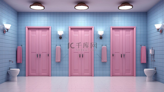白色石地板浴室的 3D 渲染，配有聚光灯粉色和蓝色木门和标牌