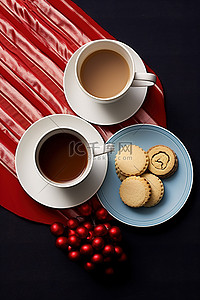 巧克力杏仁曲奇背景图片_热巧克力杯，配有饼干饼干和红色装饰品