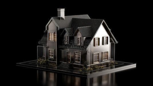 用于房地产设计的时尚黑色背景上的 3D 房屋渲染