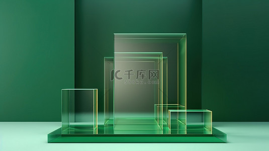 绿色讲台增强了产品模型设计 3D 渲染和插图中的几何玻璃纹理