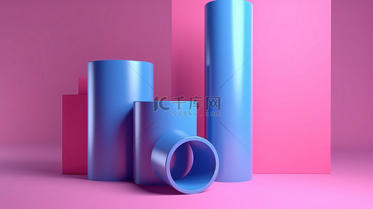 当代艺术背景图片_3D 几何紫色圆柱体和粉红色背景蓝色腿的超现实当代艺术