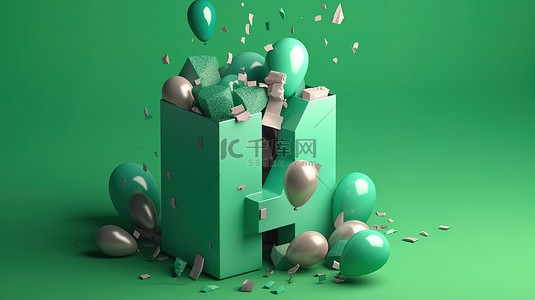 简约庆祝背景图片_充满活力的生日庆祝概念 4 从礼品盒中冒出来，绿色背景上带有气球和五彩纸屑 3d 渲染插图与简约设计