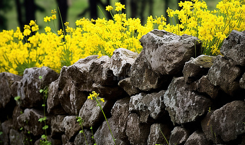 黄色背景花朵背景图片_黄色的花朵和周围黄色花朵的石栅栏