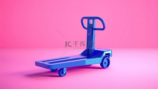 粉红色车背景图片_双色调风格蓝色手动托盘车叉车在 3D 呈现的充满活力的粉红色背景上