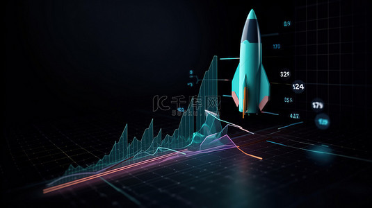 火箭发射的 3d 插图和代表启动项目和业务增长概念的条形图设计