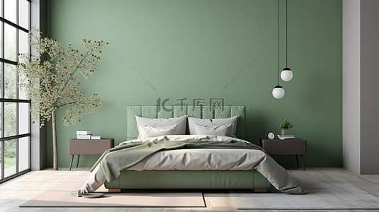 卧室上网背景图片_斯堪的纳维亚风格的卧室样机灰色床靠着绿色的墙壁，具有最小的装饰 3D 渲染