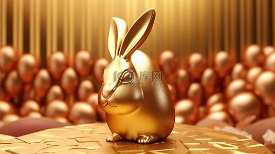 孩子白线背景图片_3D 渲染的复活节彩蛋与金色巧克力兔耳