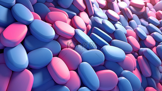 蓝色粉色和紫色药用胶囊几何图案背景的 3D 插图