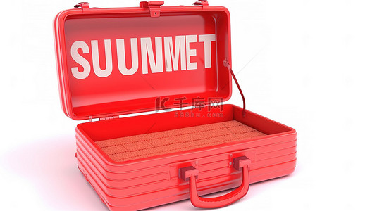 薄荷色手提箱打开，白色背景上显示夏季红色文本 3d 渲染