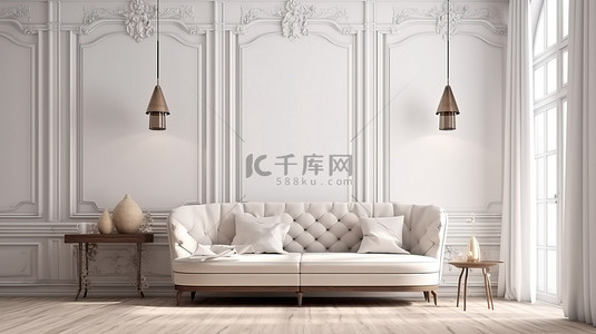 豪华白墙和木沙发室内场景，带 3D 渲染和插图