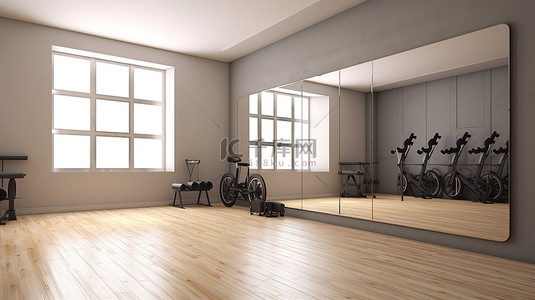 3d 渲染图像中的宽敞健身室，带有醒目的墙镜