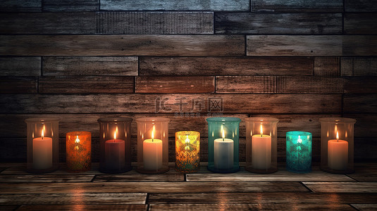 烛光蜡烛背景图片_老化木质表面上蜡烛的渲染 3D 图像