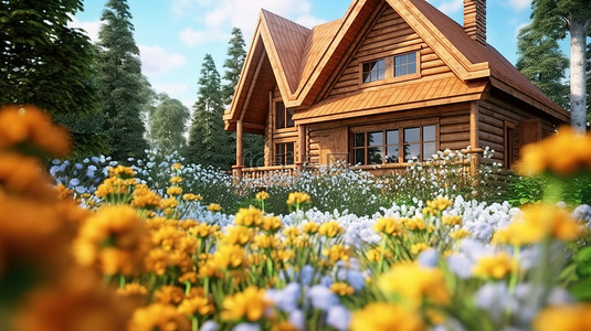 野花前景和木屋前立面的 3D 插图