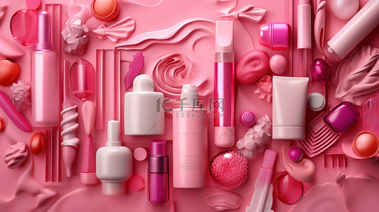 粉红色背景上以图案排列的化妆品的彩色 3D 插图