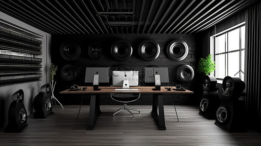 黑色办公室背景图片_时尚别致的黑色办公室工作室，配有木桌和 3D 渲染计算机