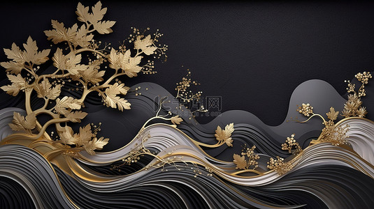 中国复古背景图片_黑色和灰色背景与中国树叶和金色波浪 3D 壁画壁纸