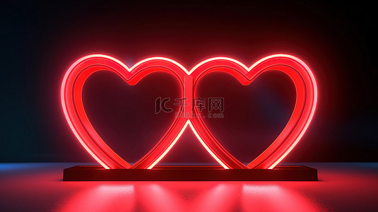 快乐情人节背景图片_团结之心在红色背景上辐射霓虹灯以庆祝情人节的 3D 插图