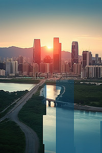 水桥城市背景图片_日落时的城市景观与靠近水的台北天际线
