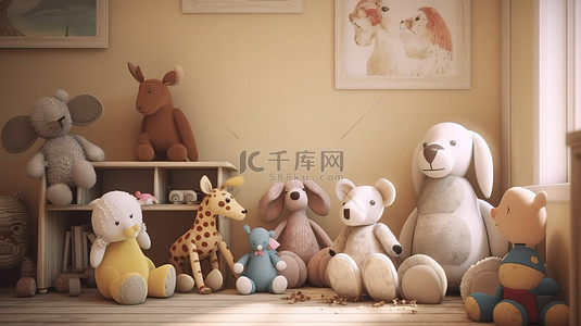3D 渲染的儿童房间插图，配有可爱的毛绒动物