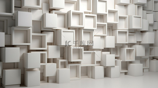 优雅的 3D 方形盒子墙展示，白色木质