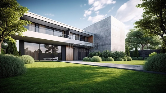 高端花背景图片_高端住宅，拥有郁郁葱葱的草坪和光滑的混凝土地板，采用 3D 渲染