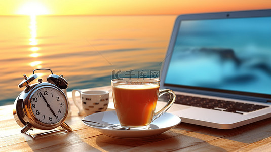 现代笔记本电脑咖啡杯和闹钟在海洋背景 3D 渲染下的强烈特写
