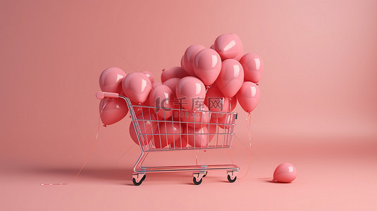 情人节背景图片_简约风格情人节销售概念粉色购物车，带有漂浮气球，在柔和的背景下以 3D 渲染