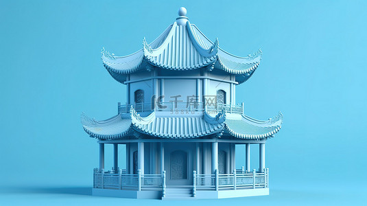 文化古城背景图片_蓝色孤立背景中的中国房子或凉亭令人惊叹的 3d 插图