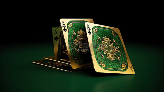 绿色隔离背景上黑色和金色赌场扑克牌的 3D 渲染插图