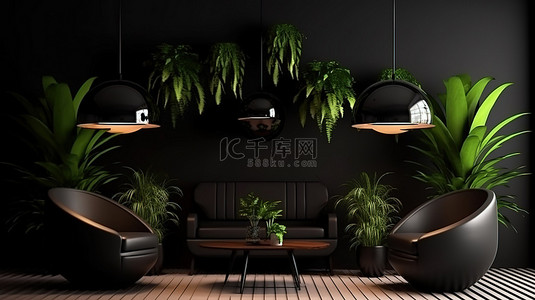 室内盆栽背景图片_令人惊叹的 3D 渲染客厅装饰着灯具和郁郁葱葱的盆栽树木