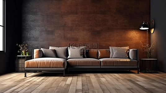 木插图背景图片_阁楼风格的内饰，在光滑的金属墙上设有逼真的模型，配有舒适的沙发和质朴的木地板
