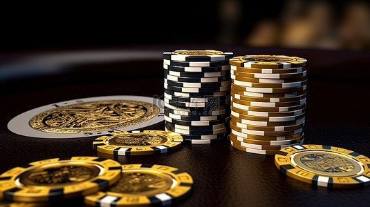 现代游戏筹码和卡片以黑色和金色为主题3D插图赌博场景