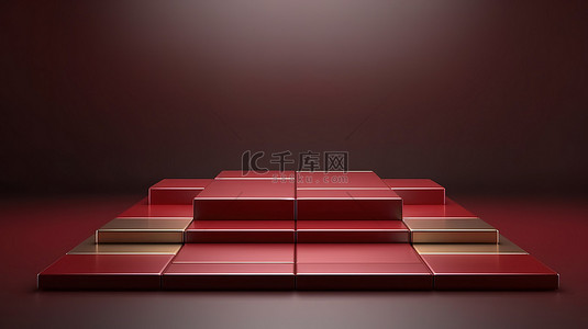 红色产品促销背景图片_豪华 3D 渲染讲台舞台，采用银色和深红色方形设计，用于产品促销
