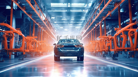 自动化订单背景图片_3D 渲染机器人在自动化汽车工厂喷漆汽车