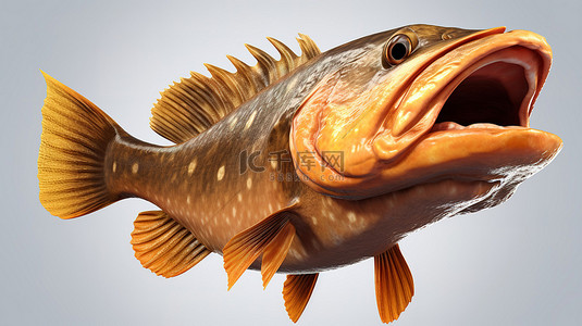 蓝色海洋生物背景图片_雄伟的鳕鱼，张开嘴，3D渲染隔离