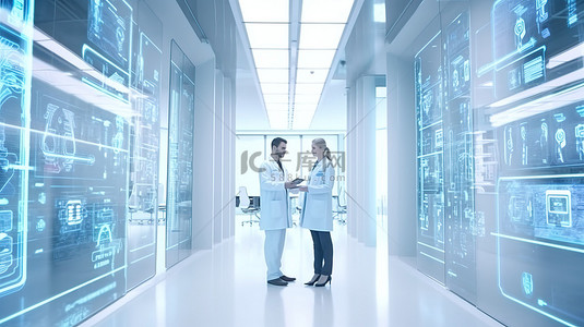 卡通男女背景图片_男女医生站在医疗机构中，配有平板电脑记事本和 3D 渲染