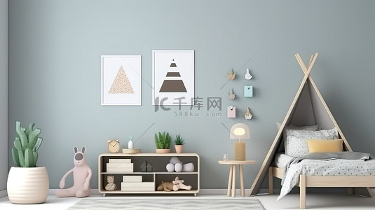复古家背景图片_现代家具装饰着简约的儿童卧室，配有模型框架 3D 渲染