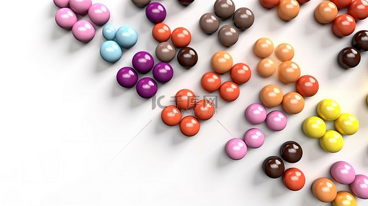 白色背景上孤立的彩色巧克力糖丸的顶视图 3D 插图