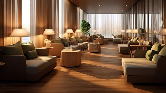 现代酒店内部休息区的 3D 渲染