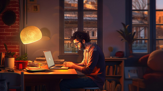 忙碌的女人背景图片_一个轻松的黑发男子在笔记本电脑上在家工作的 3D 渲染