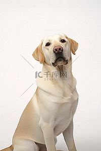 拉布拉多白色背景图片_坐在白色工作室背景中的黄色拉布拉多猎犬